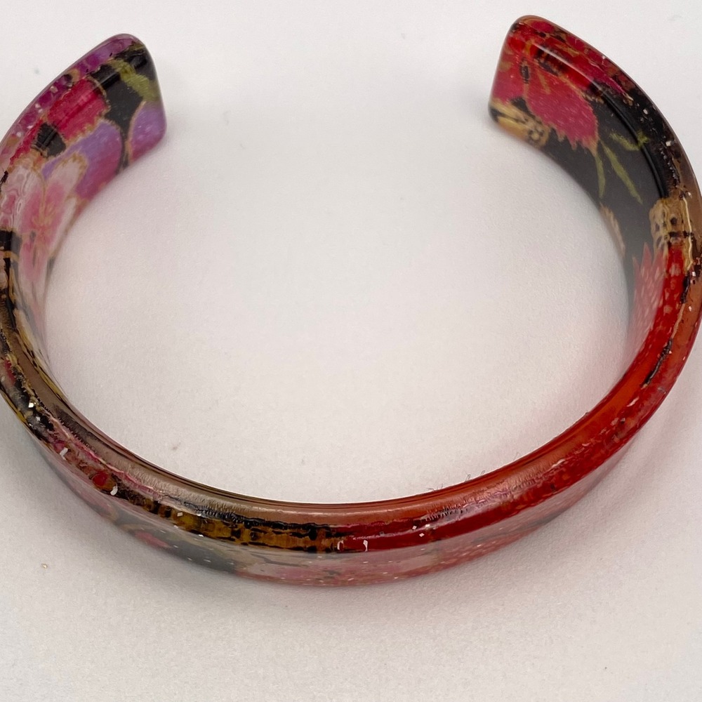 Vintage Cuff Bracelet Resin Acrylic Asian Floral Kimono Fabric Red Pink Gold OS